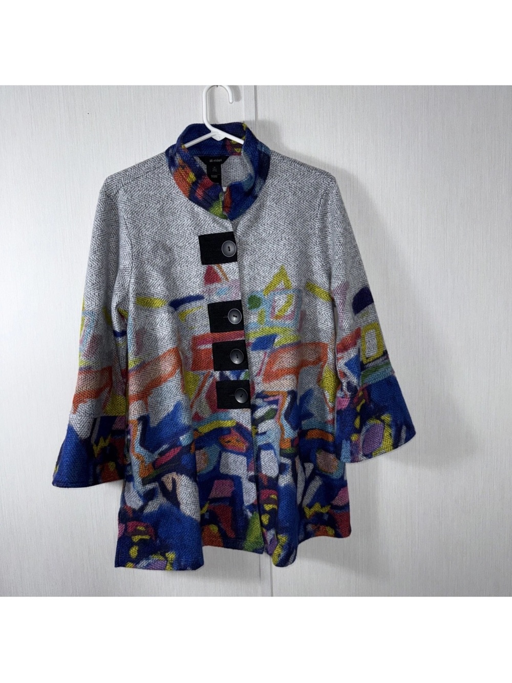 Ali Miles Gray COLORFUL GEOMETRIC Knit Jacket M POCKETS Stand Up Collar